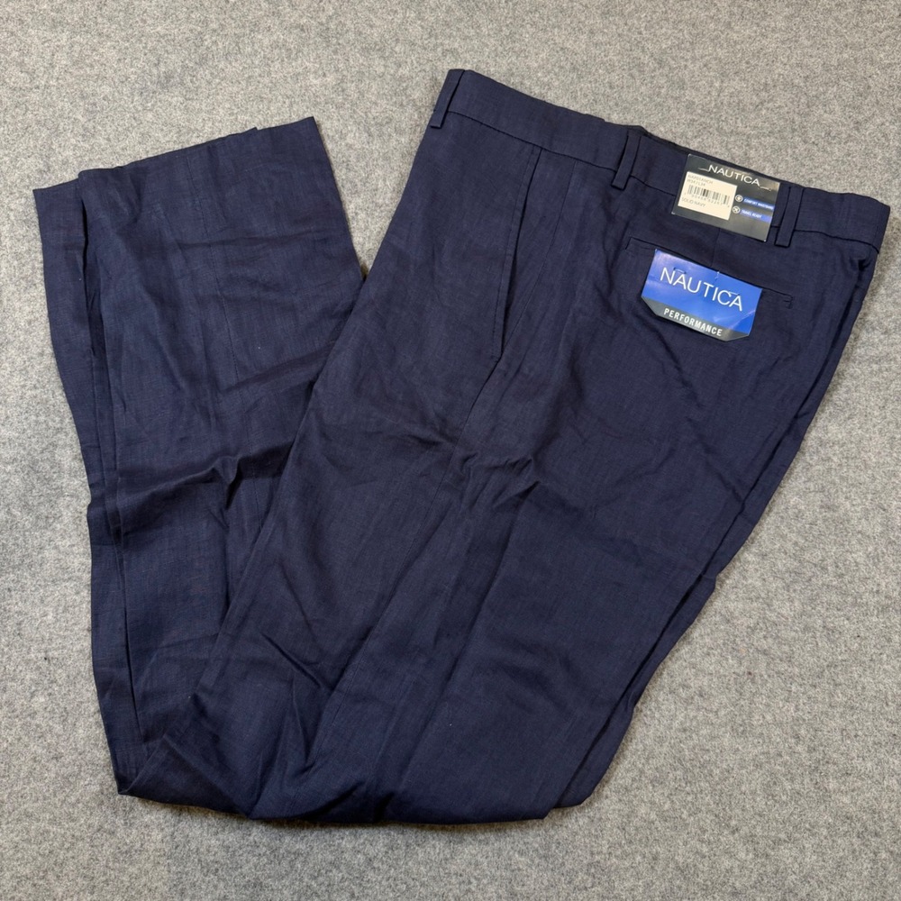 Nautica Performance Mens 34x34 Solid Navy Blue 100% Linen Dress Pants NAP01ANCH